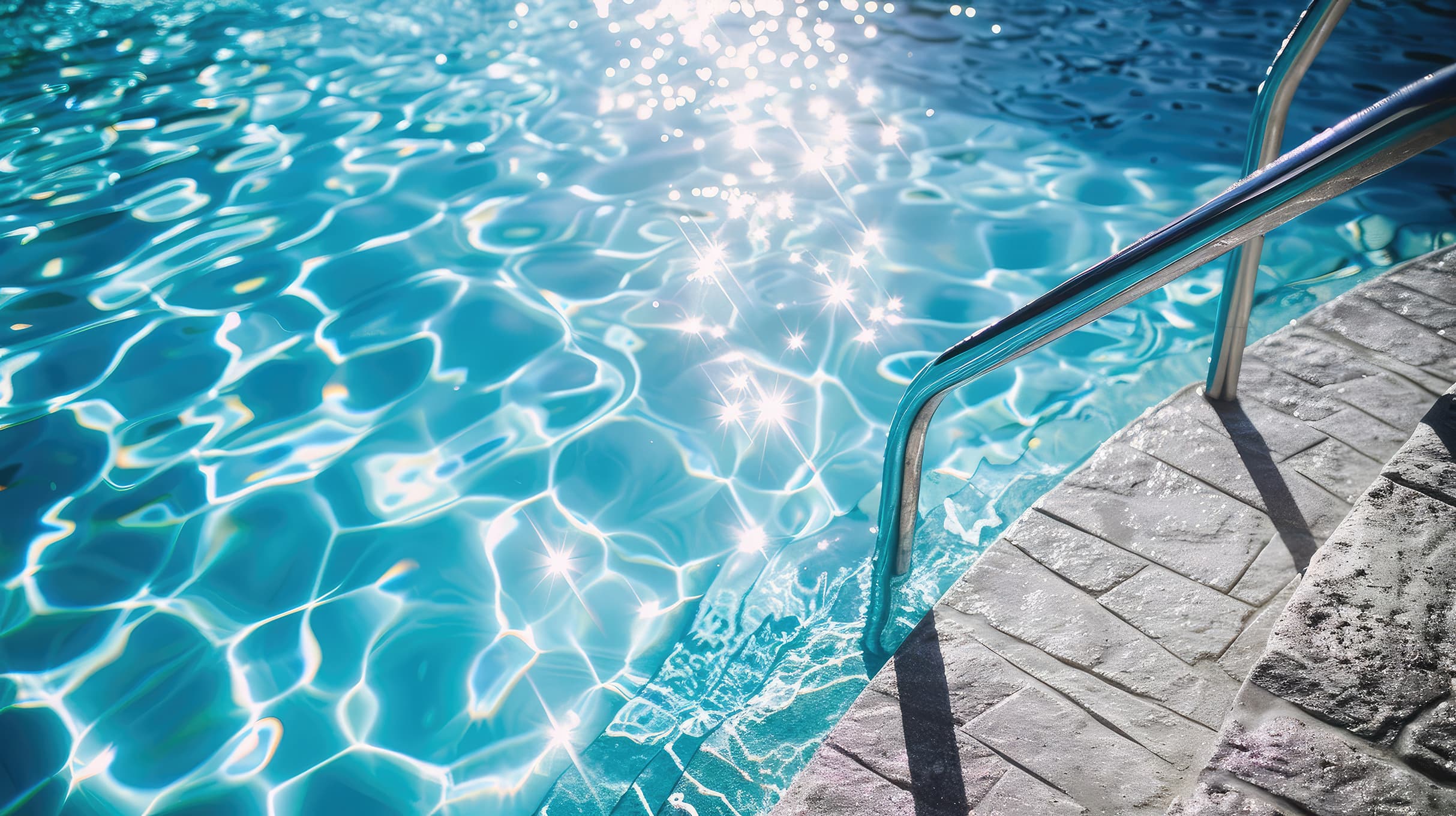 Piscina com escada e sol refletindo na água